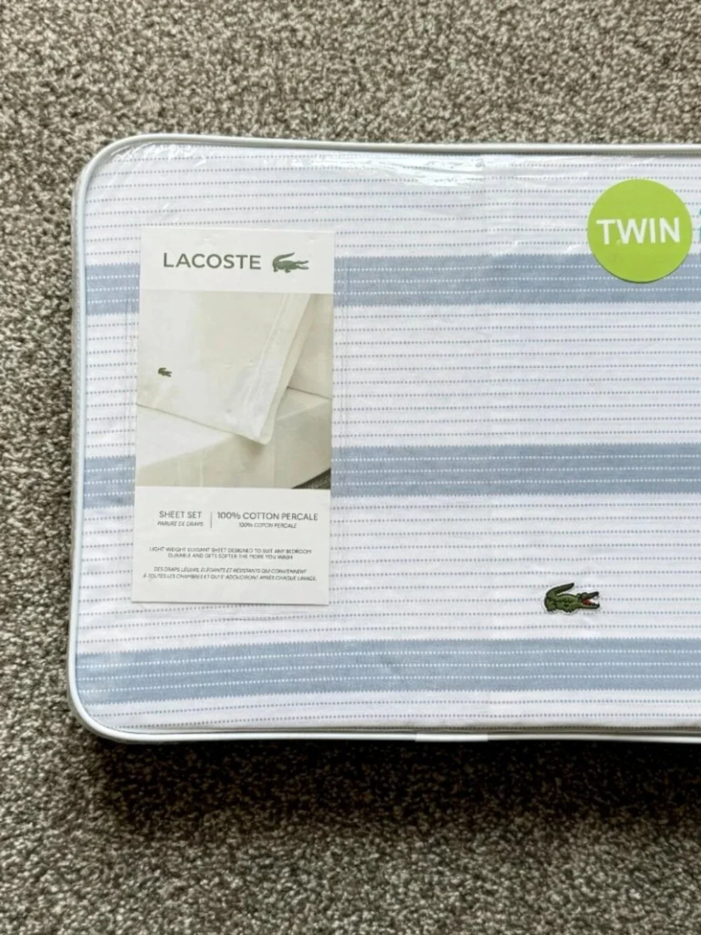 Lacoste 100% Cotton Percale Twin Sheet Set Striped Blue White 3-Piece NWT